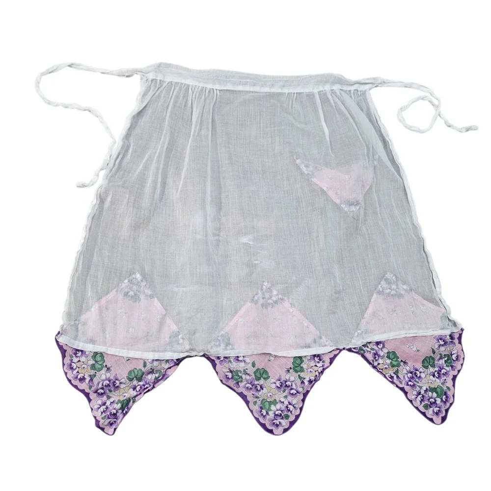 Vintage 60s 70s White Sheer Half‎ Apron Floral Patchwork Purple Flower Cottage
